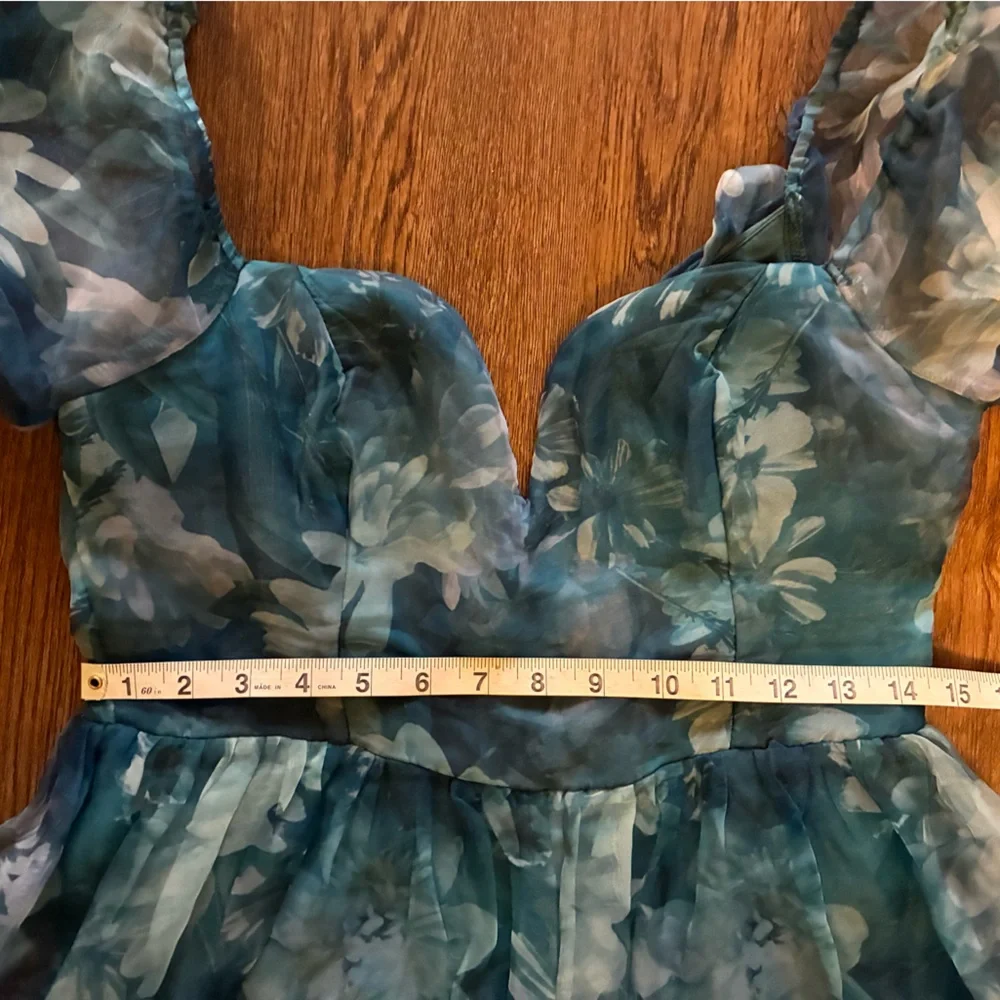 Lulus Lovely Statement Teal Blue Floral Organza Tie-Back Midi Dress - Size M - Picture 15 of 16